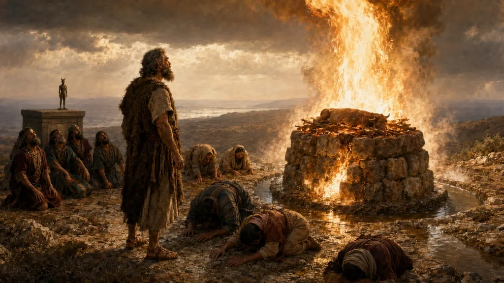 The LORD answers Elijah by fire while Baal’s altar remains cold and Israel falls down