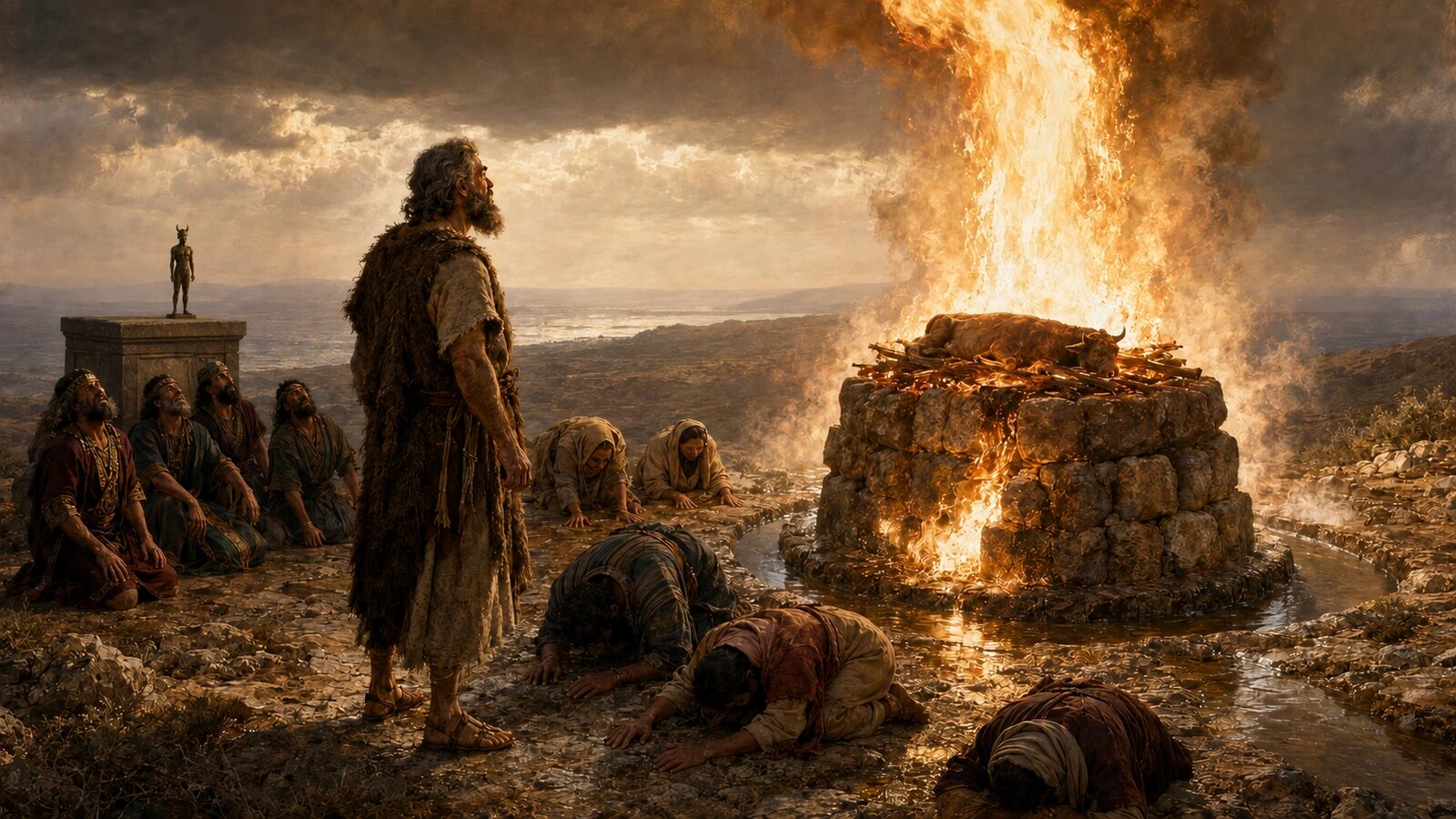 The LORD answers Elijah by fire while Baal’s altar remains cold and Israel falls down
