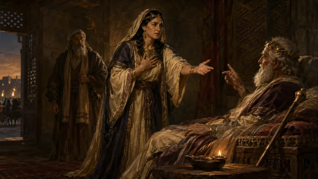 Bathsheba courageously appeals to aged King David as Nathan confirms the dangerous succession crisis