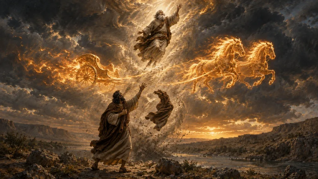 Elijah rises in the whirlwind as the empty fiery chariot separates him from the grieving Elisha