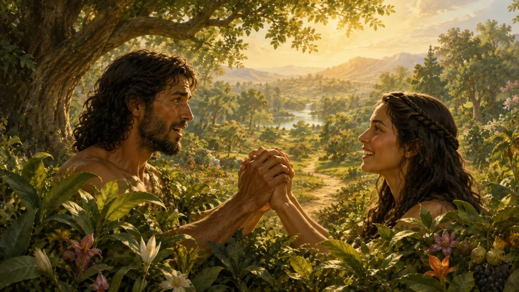 Adam and Eve freely join hands in Eden as God establishes the first marriage