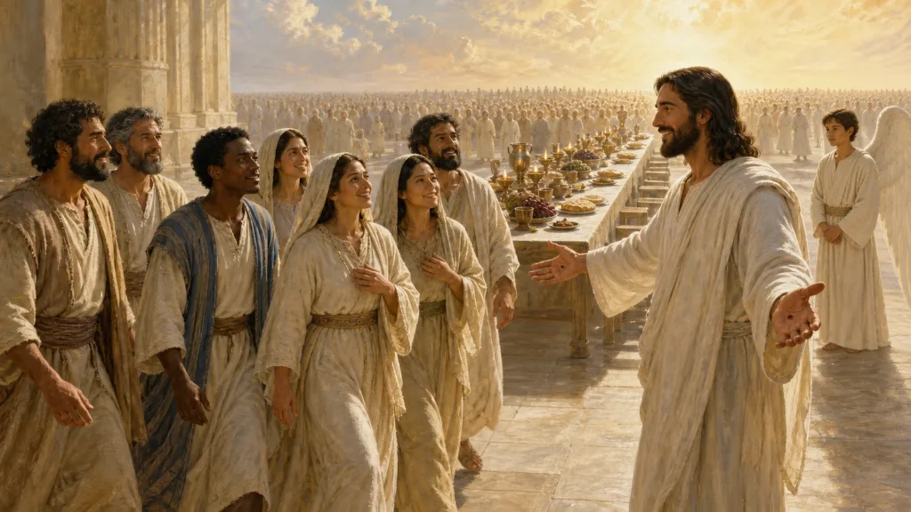 The gathered Church approaches the risen Christ at the marriage supper of the Lamb