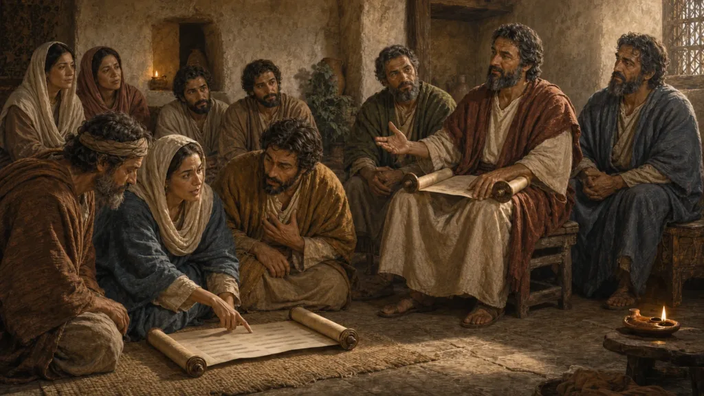 Priscilla and Aquila explain Scripture to Apollos as accountable elders teach the Ephesian church