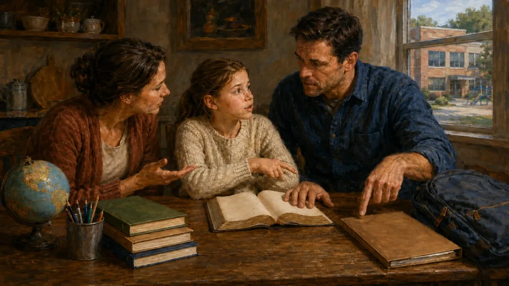 Christian parents listen to their daughter and weigh homeschooling and school under an open Bible