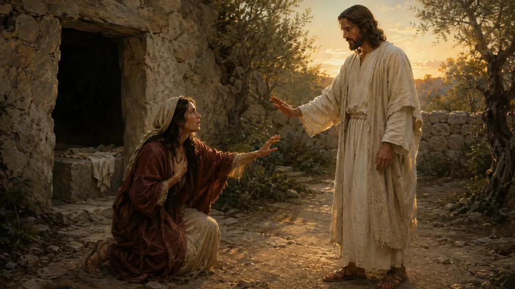 Mary Magdalene recognizes the risen Jesus outside His open and empty tomb