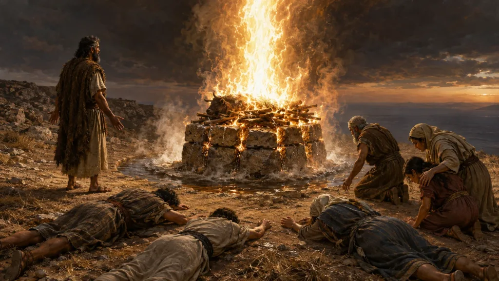 God answers Elijah with fire on the drenched altar at Mount Carmel as Israel falls before the LORD