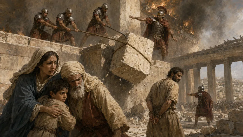 Roman soldiers cast down a temple stone as Jewish survivors flee Jerusalem in AD 70