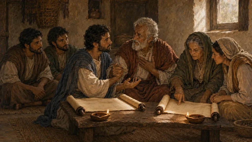Timothy respectfully appeals to an older believer as an older woman teaches a younger woman in the church household