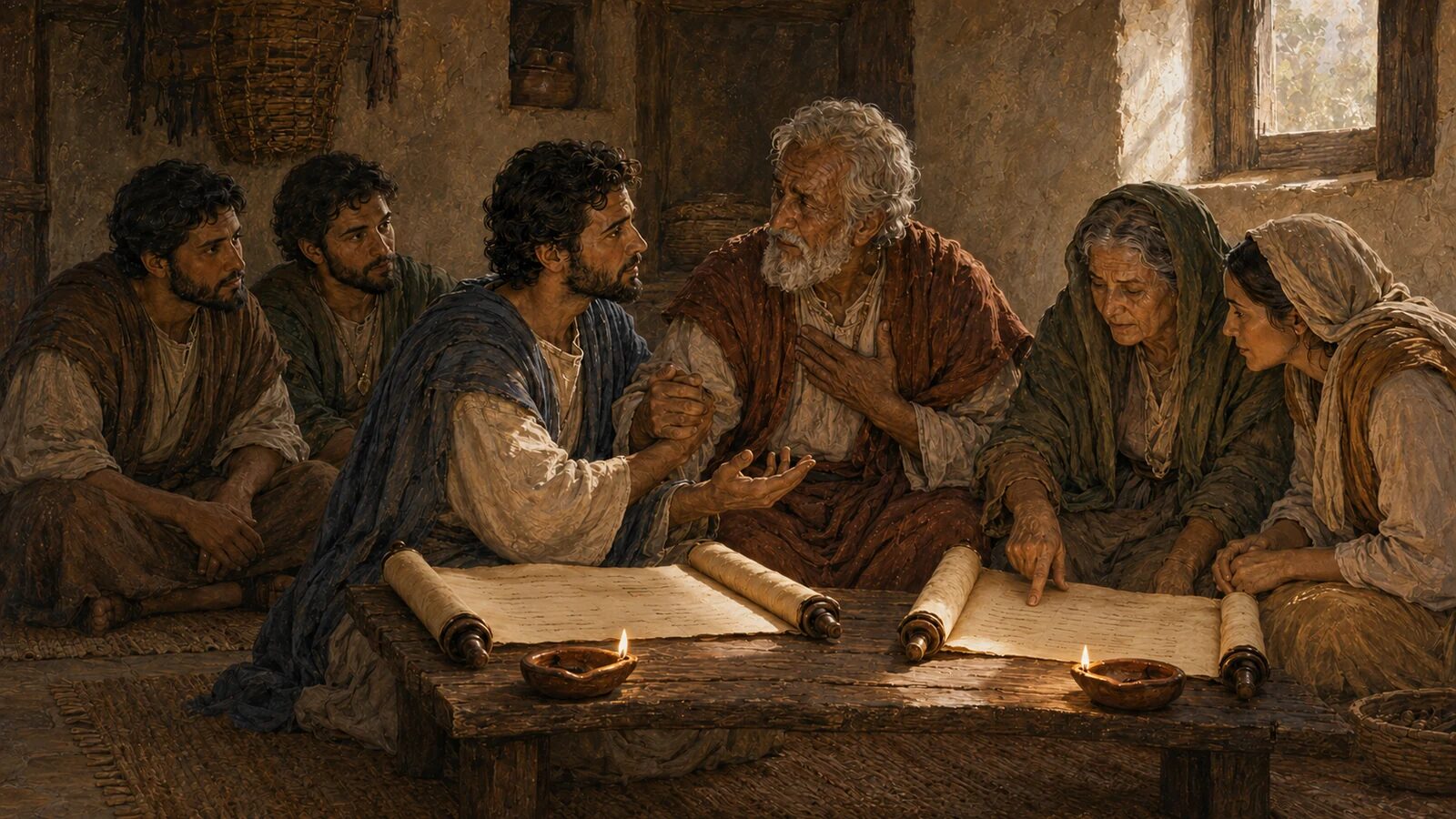 Timothy respectfully appeals to an older believer as an older woman teaches a younger woman in the church household