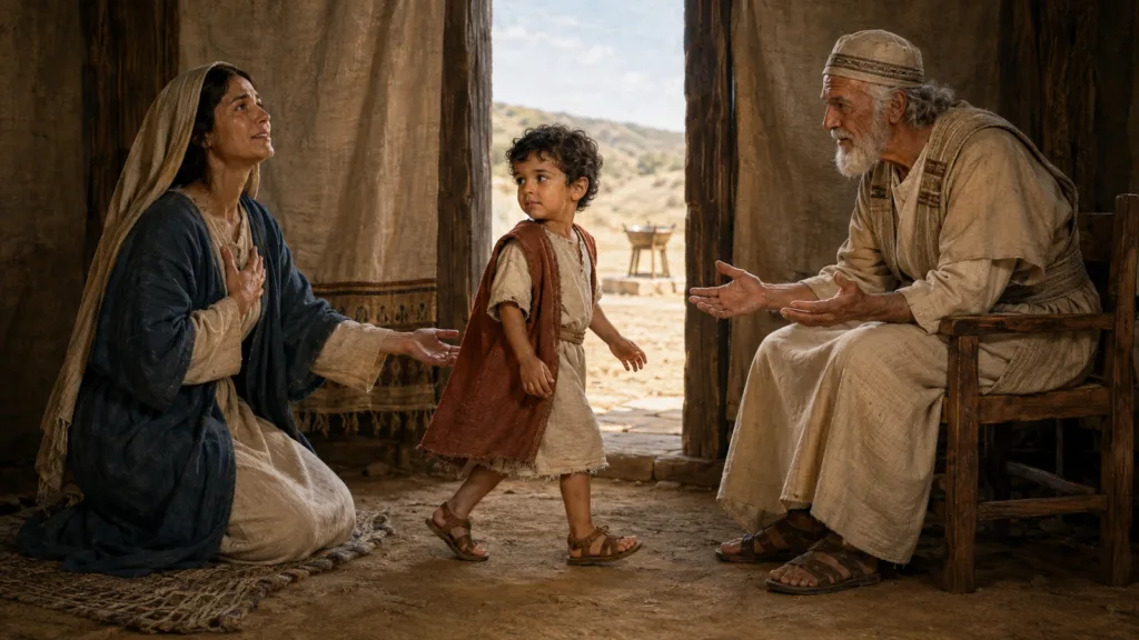 Hannah releases young Samuel toward Eli at Shiloh after praying for this child