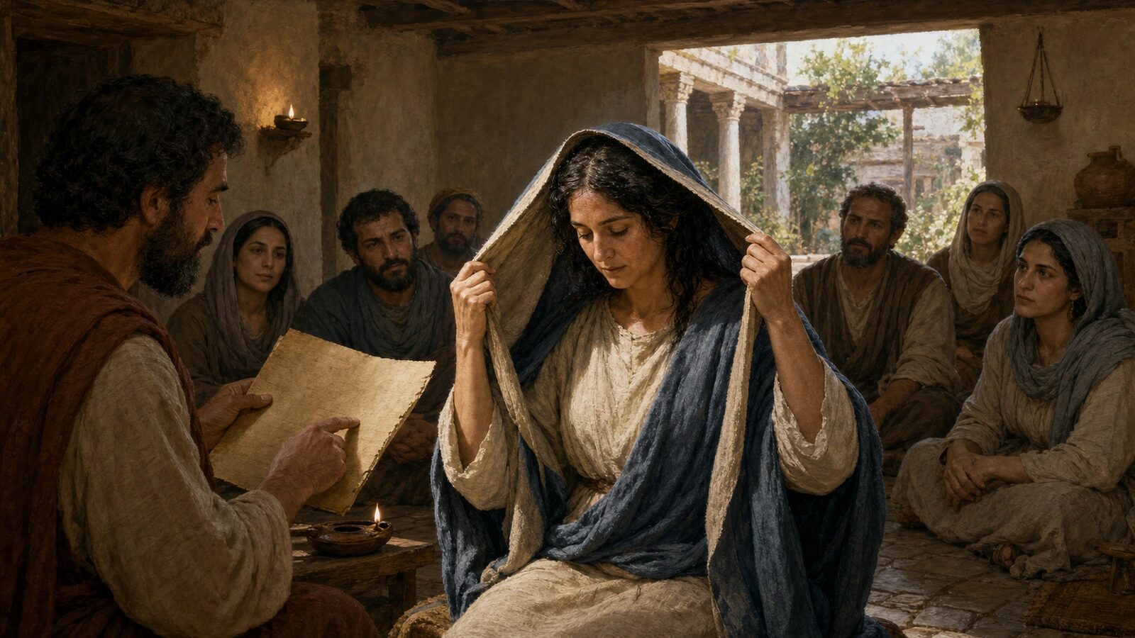 Head Coverings: What Does 1 Corinthians 11 Mean? A Corinthian Christian woman draws her mantle over her head as Paul’s teaching is read