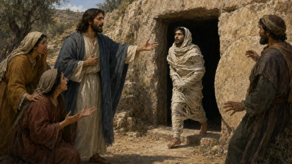 Jesus weeps yet commands with authority as Lazarus emerges alive from the tomb