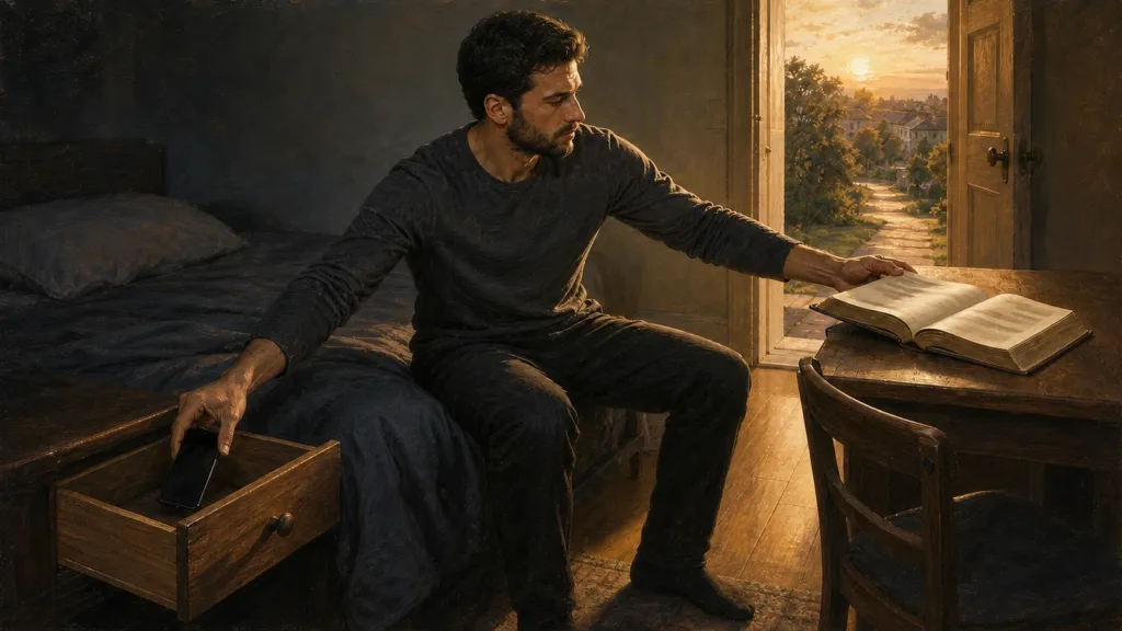 A fully clothed man puts away his phone and turns to an open Bible in the dawn light