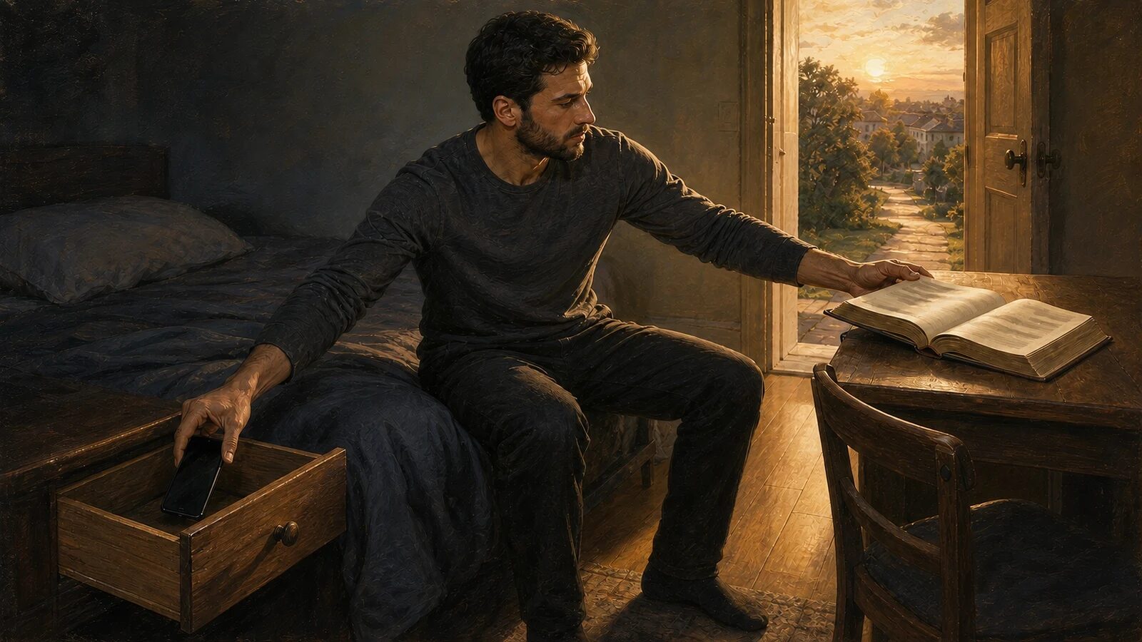A fully clothed man puts away his phone and turns to an open Bible in the dawn light
