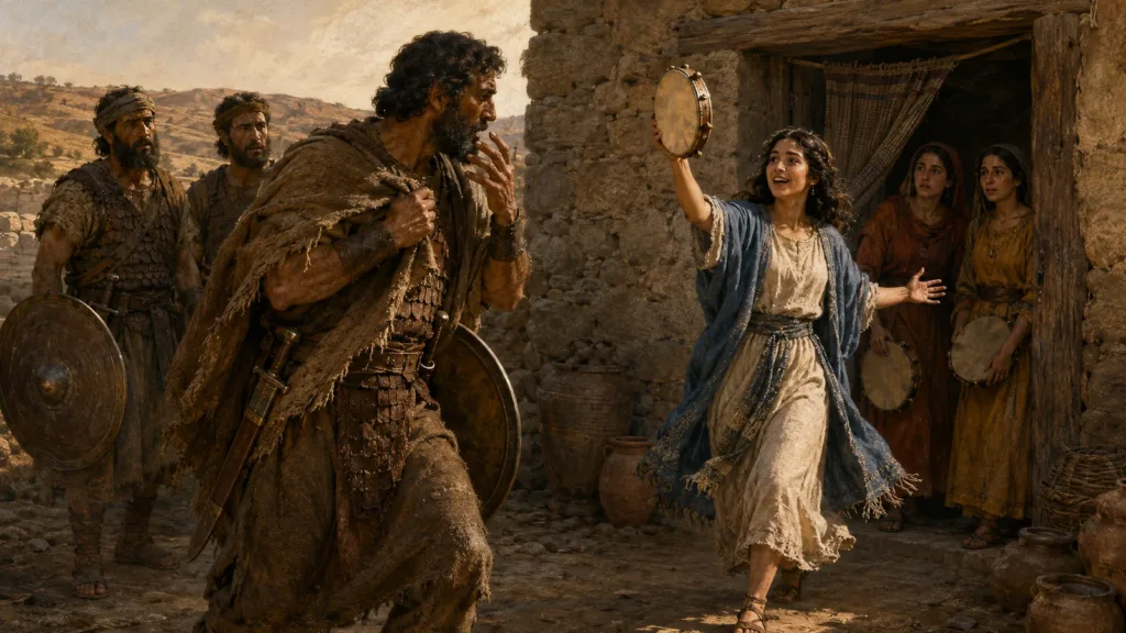 Jephthah recoils as his only daughter emerges joyfully with a timbrel after his victory