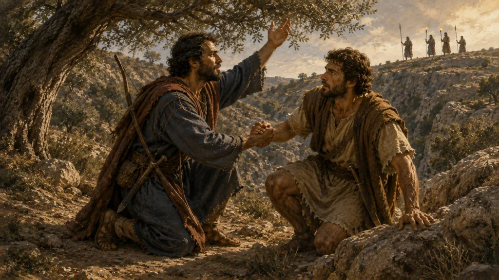Jonathan strengthens David’s hand in God while Saul’s searchers move across the distant ridge