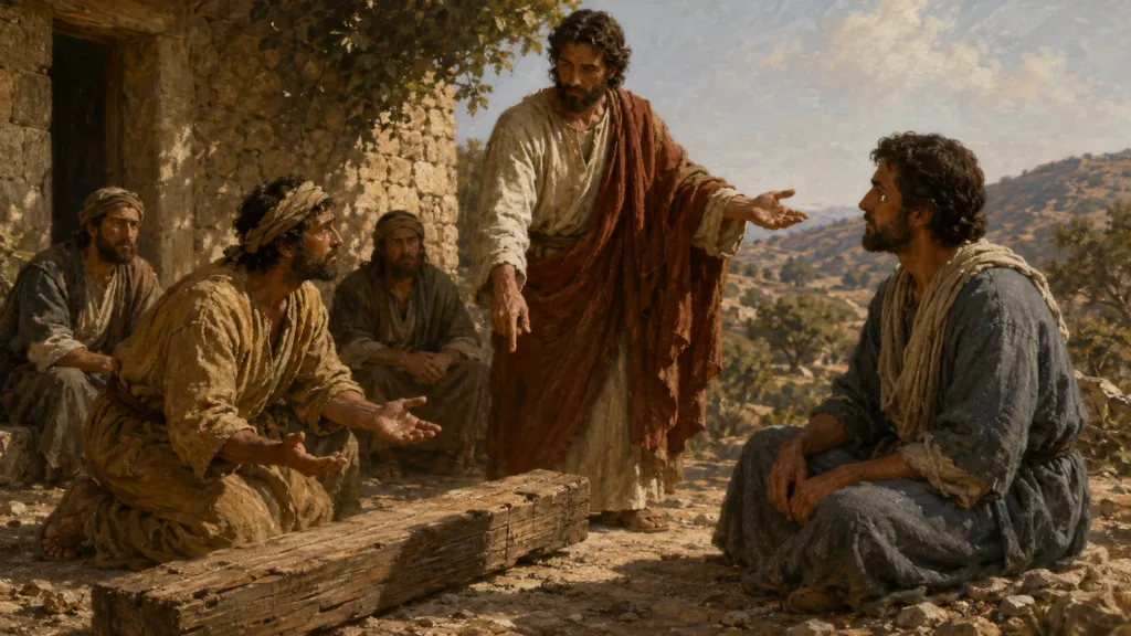 Jesus directs a humbled man from his discarded beam toward gentle care for his brother’s speck