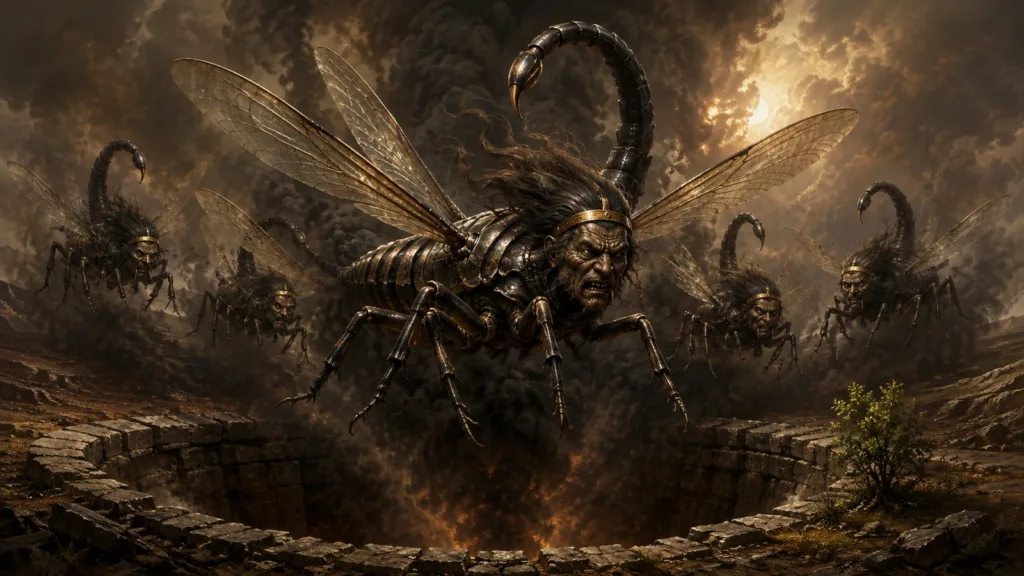 Five locust beings with human-like faces, iron-like breastplates, wings, and scorpion tails rise from the smoking abyss