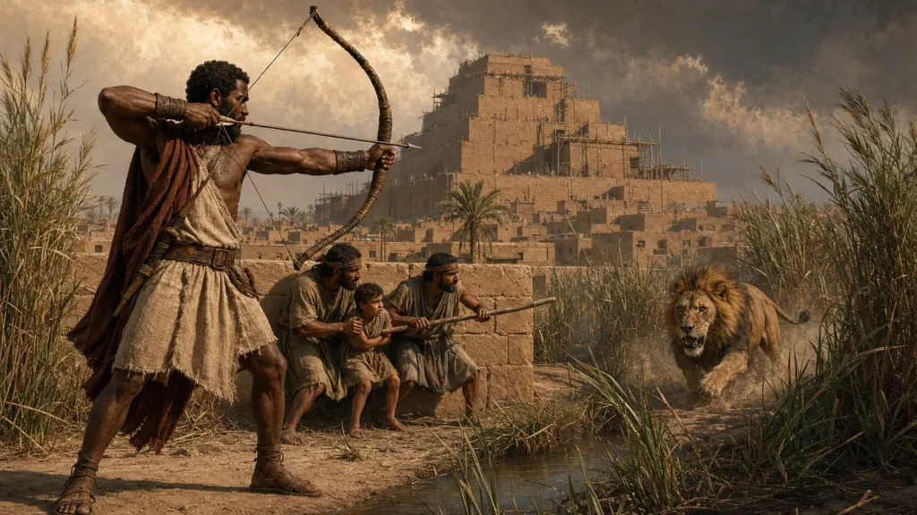 Nimrod draws his bow against a lion with the unfinished city of Babel behind him