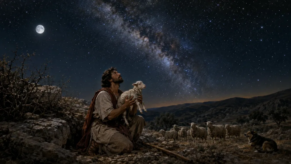David considers the vast heavens while carefully lifting a lamb entrusted to his care