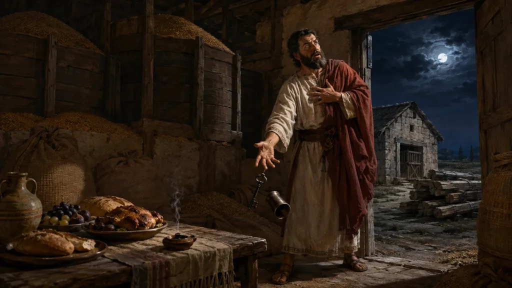 The rich fool's key and cup fall beside overflowing barns on the night his life is required