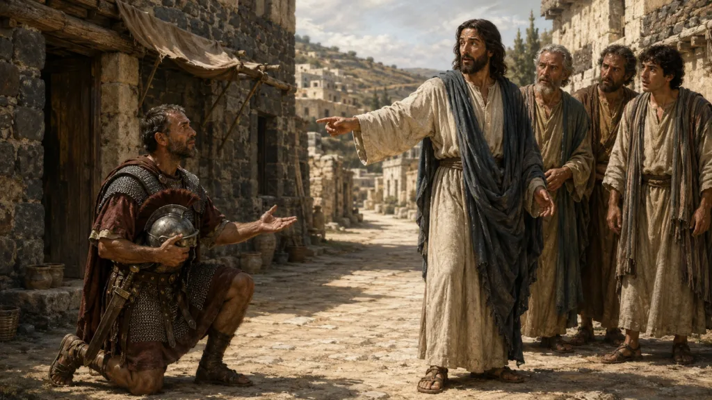Jesus marvels at a kneeling Roman centurion who trusts His authority to heal by a word