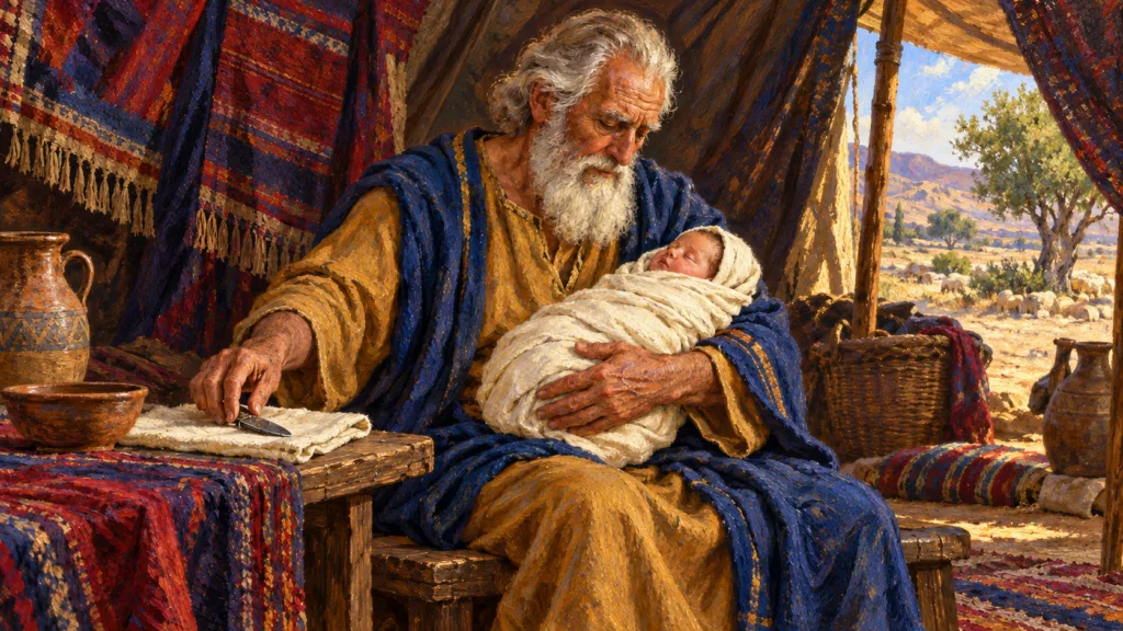 Classical oil painting of Abraham holding fully swaddled Isaac after the eighth-day covenant rite