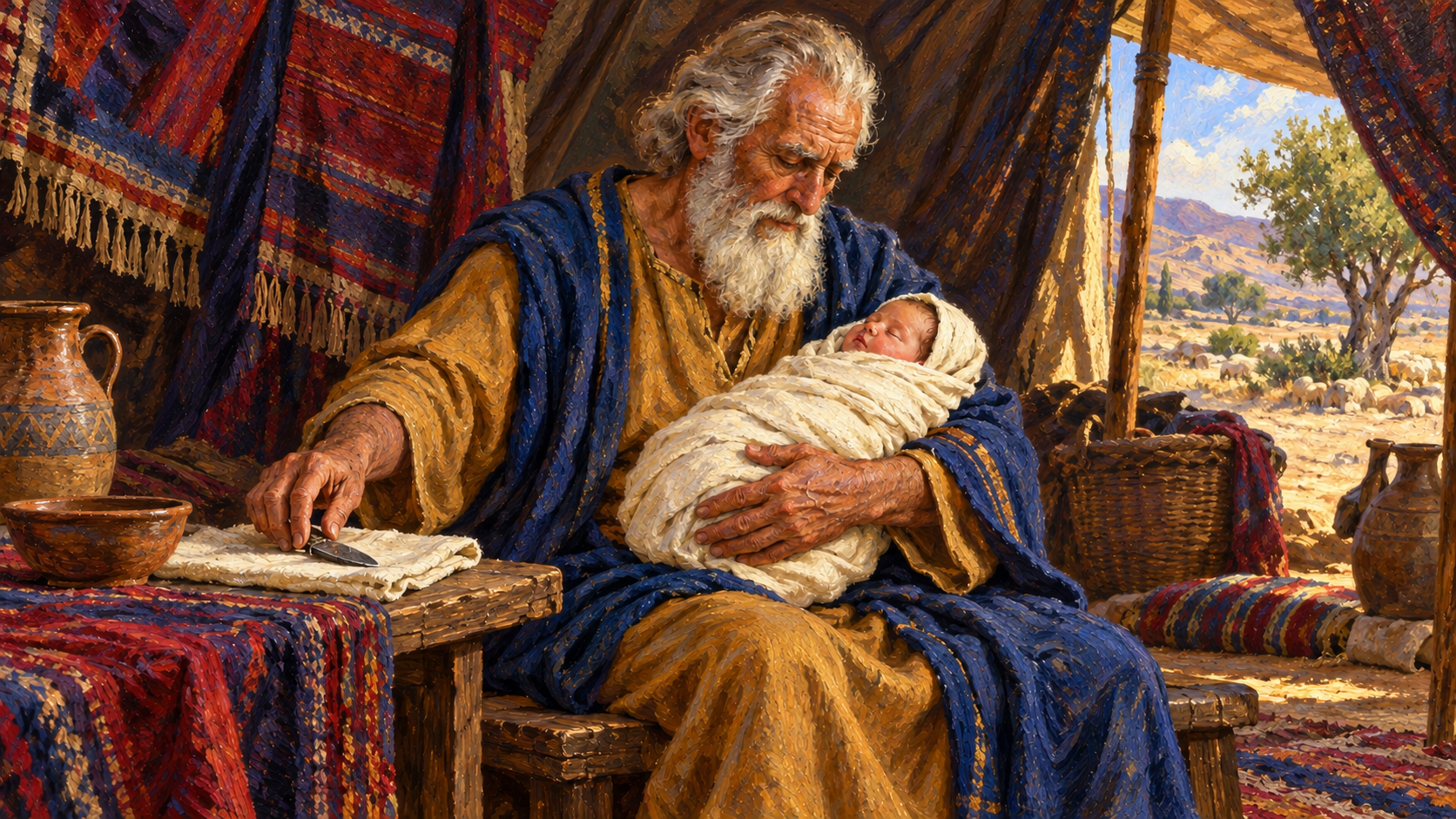 Classical oil painting of Abraham holding fully swaddled Isaac after the eighth-day covenant rite