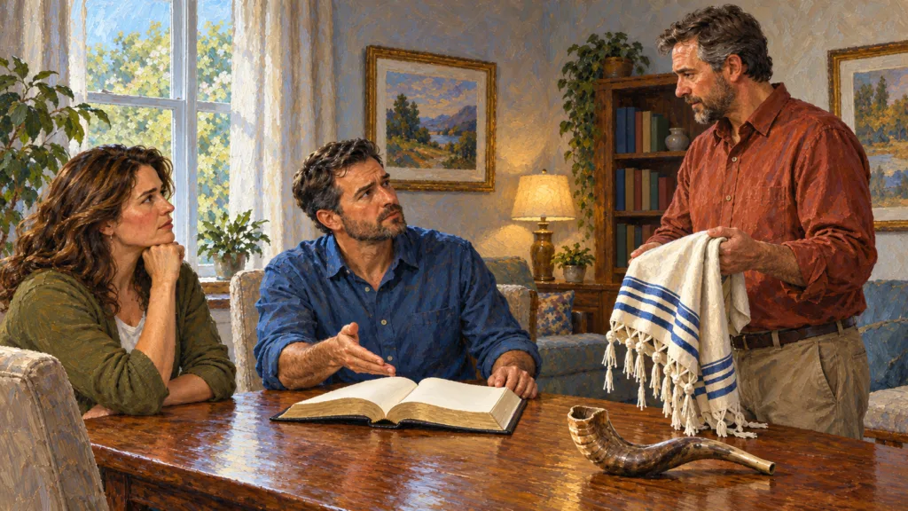 Classical oil painting of modern believers examining Scripture while a teacher presents a fringed prayer shawl