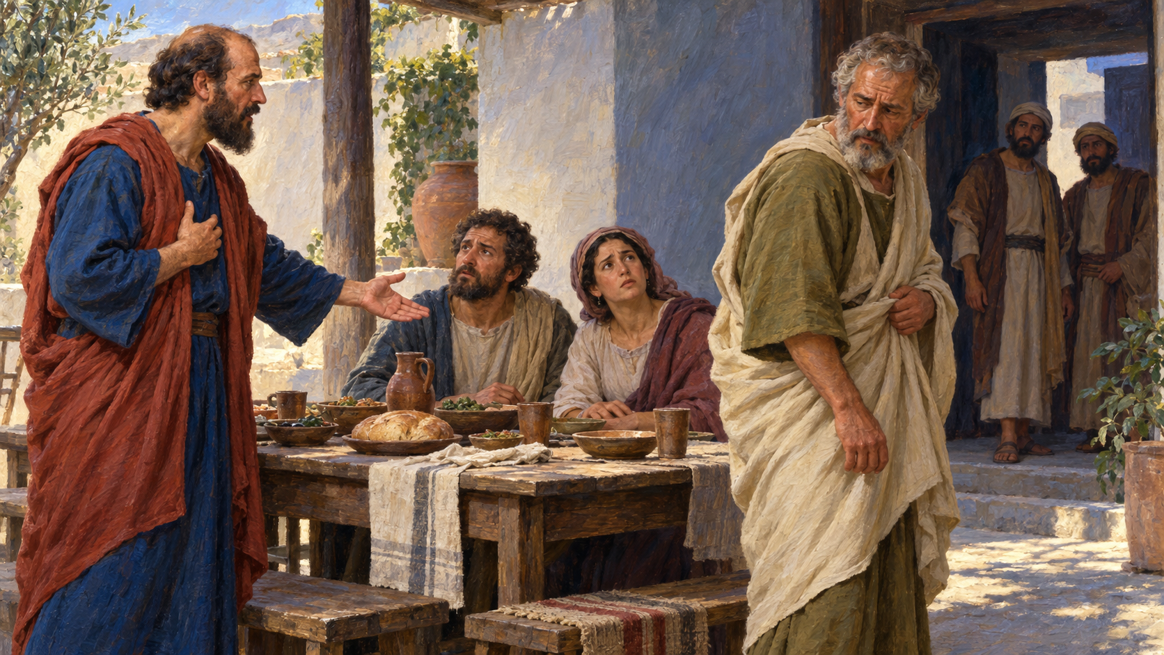 Classical oil painting of Paul confronting Peter as he withdraws from table fellowship with Gentile believers