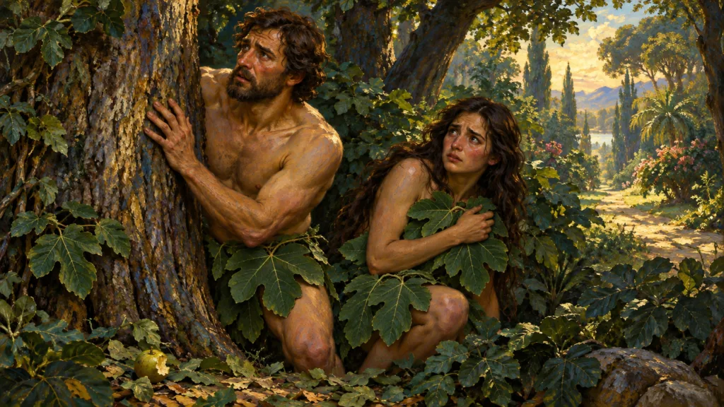Classical oil painting of Adam and Eve hiding among Eden trees in fig-leaf coverings after disobedience.