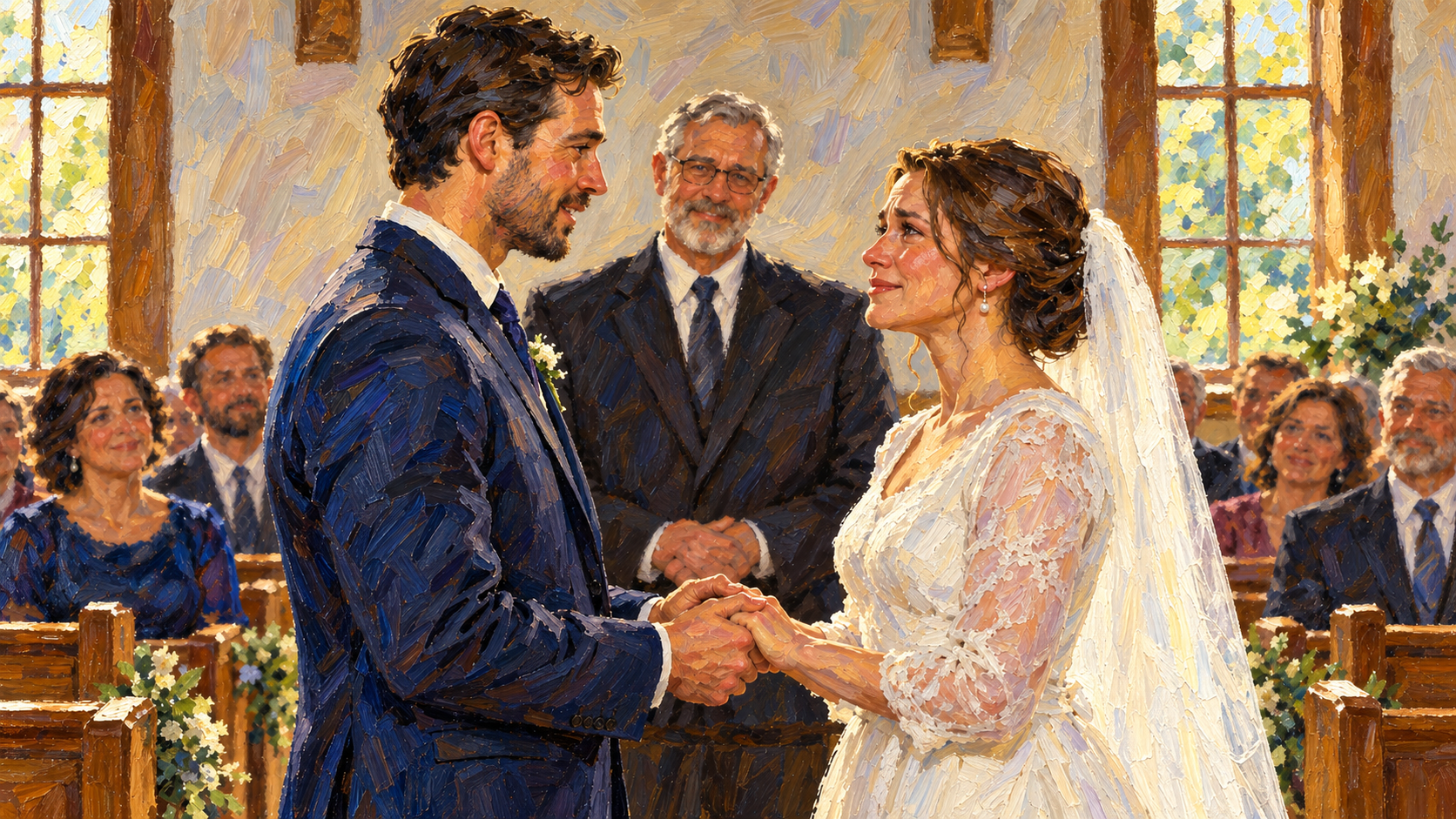 What Is Marriage According to the Bible? Classical oil painting of a bride and groom freely exchanging marriage vows before family witnesses.