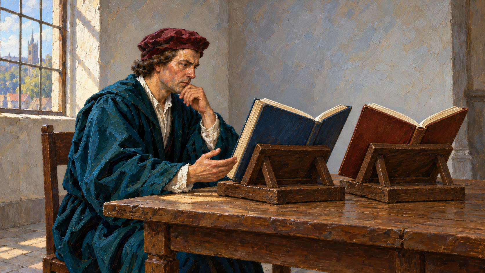 Classical oil painting of a sixteenth-century editor thoughtfully comparing two open volumes on wooden reading stands.