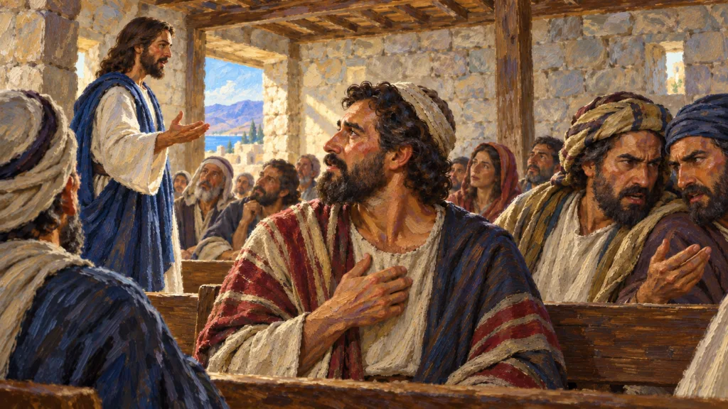 Classical oil painting of Jesus teaching in Capernaum as one listener responds attentively and others murmur.