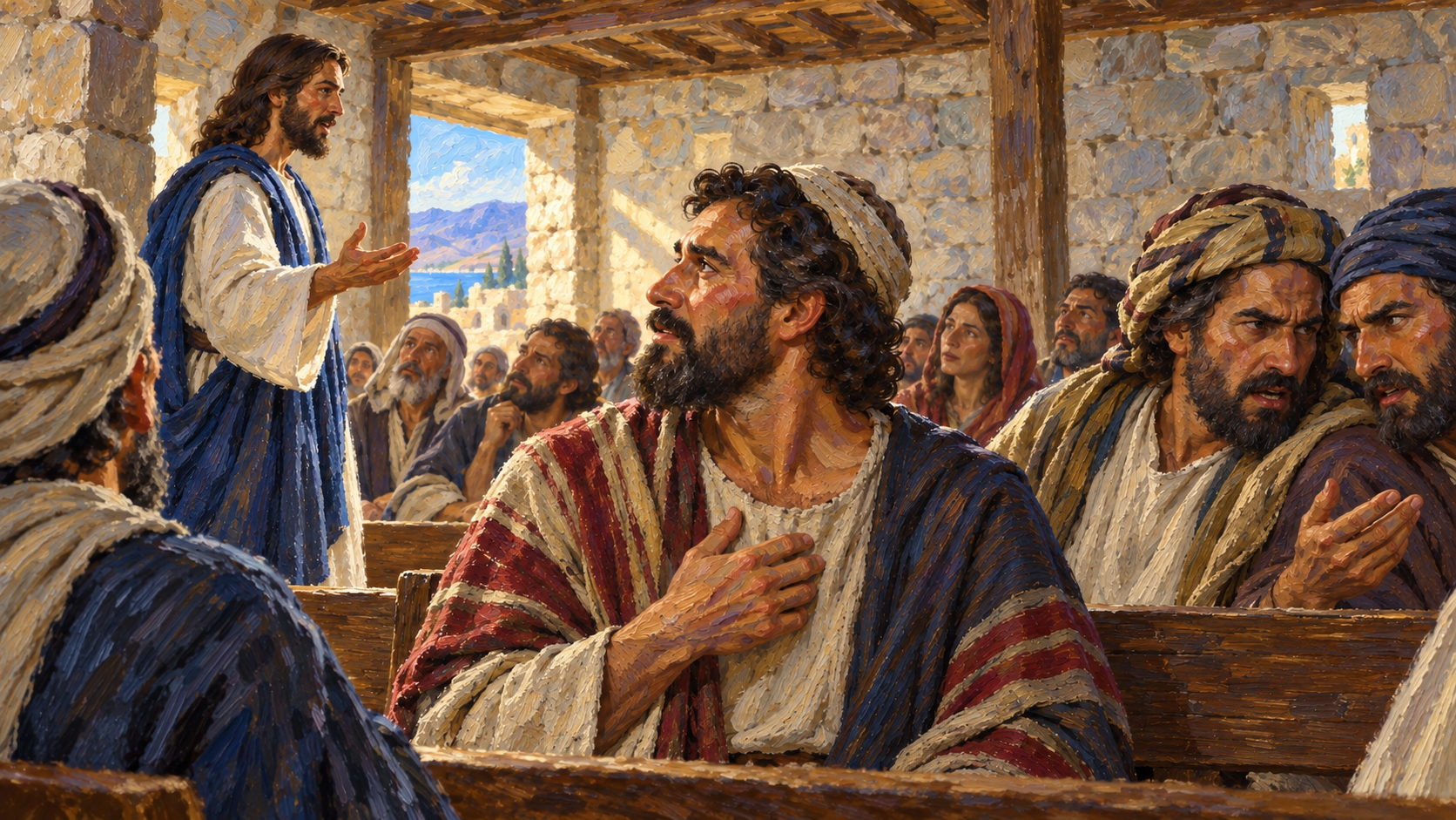 Classical oil painting of Jesus teaching in Capernaum as one listener responds attentively and others murmur.