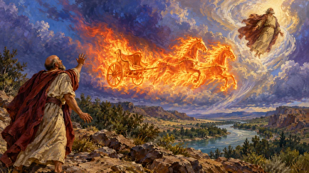 Classical oil painting of Elijah rising in a whirlwind while fiery horses and an empty chariot separate him from Elisha.