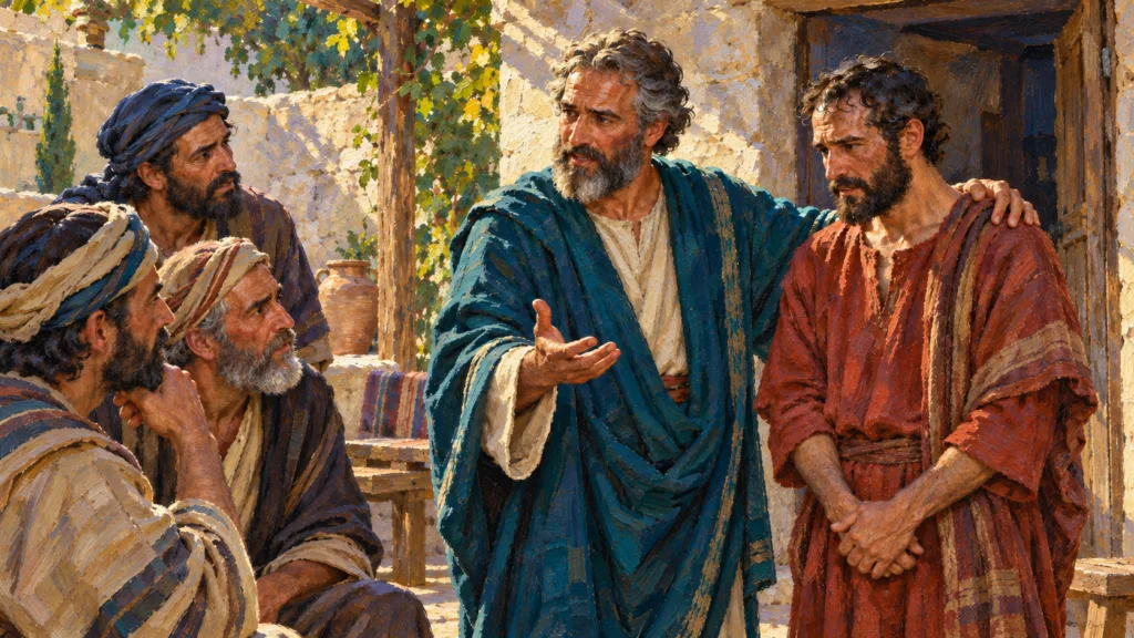 Classical oil painting of Barnabas standing beside Saul and advocating for him before cautious apostles in Jerusalem.