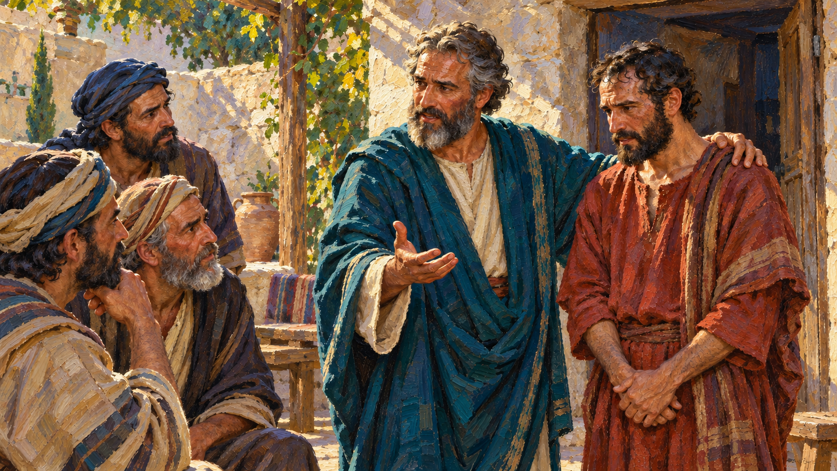 Barnabas in the Bible: The Son of Encouragement Classical oil painting of Barnabas standing beside Saul and advocating for him before cautious apostles in Jerusalem.