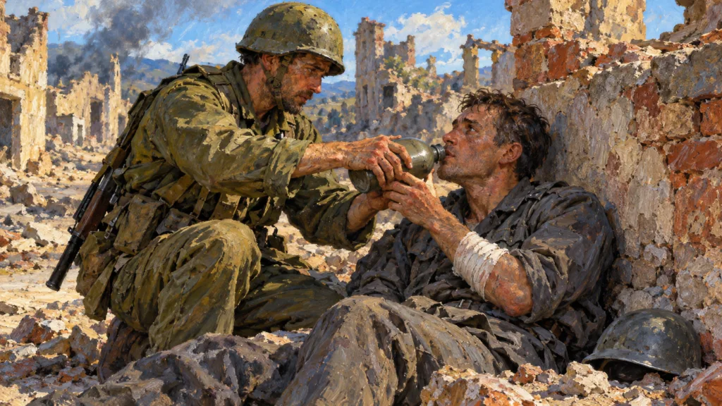 Classical oil painting of a soldier offering water to a wounded enemy amid the ruins of war.