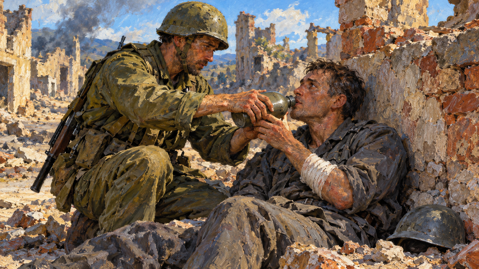 Classical oil painting of a soldier offering water to a wounded enemy amid the ruins of war.
