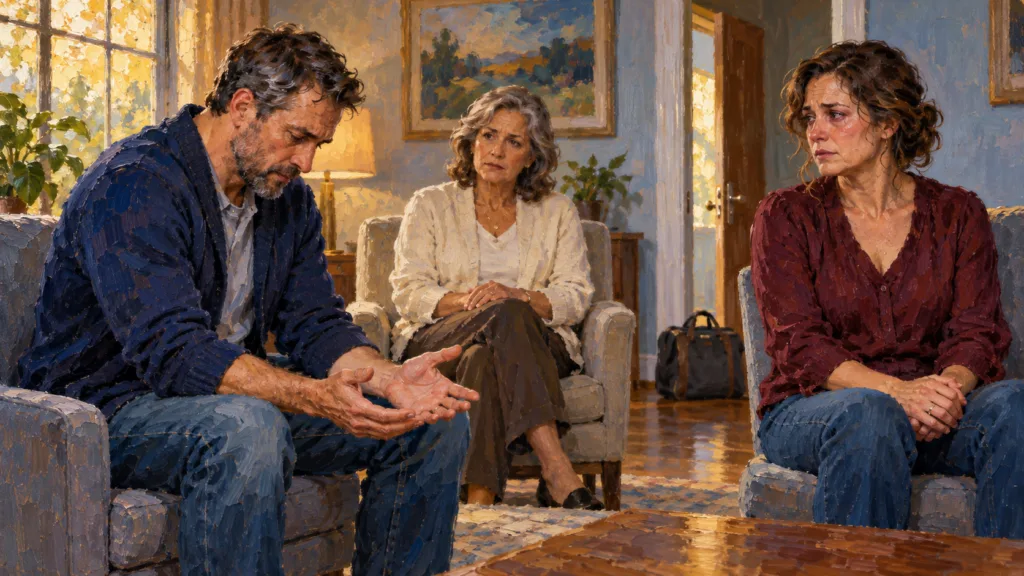 Classical oil painting of separated spouses speaking honestly with a counselor while maintaining space and boundaries.