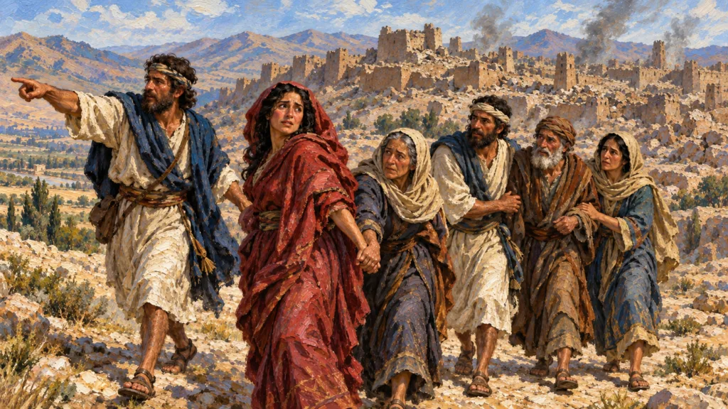 Classical oil painting of Rahab and her household guided to safety outside the ruins of Jericho.
