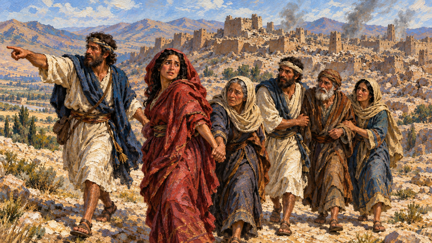 The Canaanites: Why Did God Judge Them? Classical oil painting of Rahab and her household guided to safety outside the ruins of Jericho.