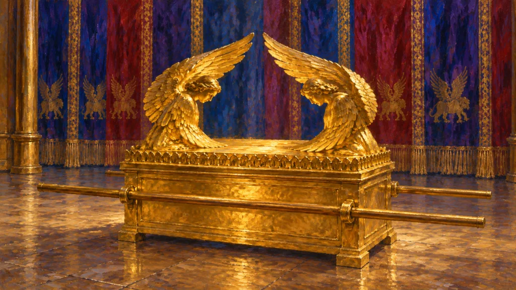Classical oil painting of two golden cherubim with bowed faces and raised wings overshadowing the mercy seat on the ark