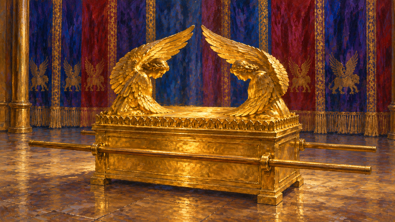 Classical oil painting of two golden cherubim with bowed faces and raised wings overshadowing the mercy seat on the ark