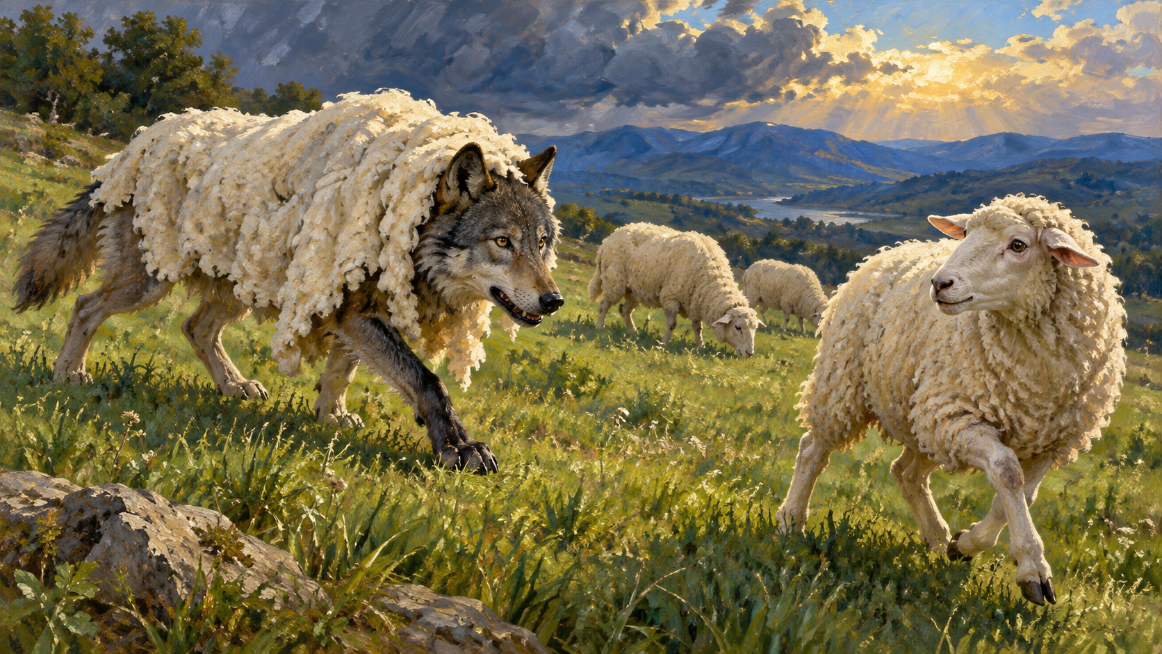 Classical oil painting illustrating a wolf concealed beneath sheep fleece as an alert ewe recognizes the danger