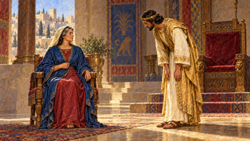 Classical oil painting of Solomon bowing in honor of his mother Bathsheba beside her chair at his right