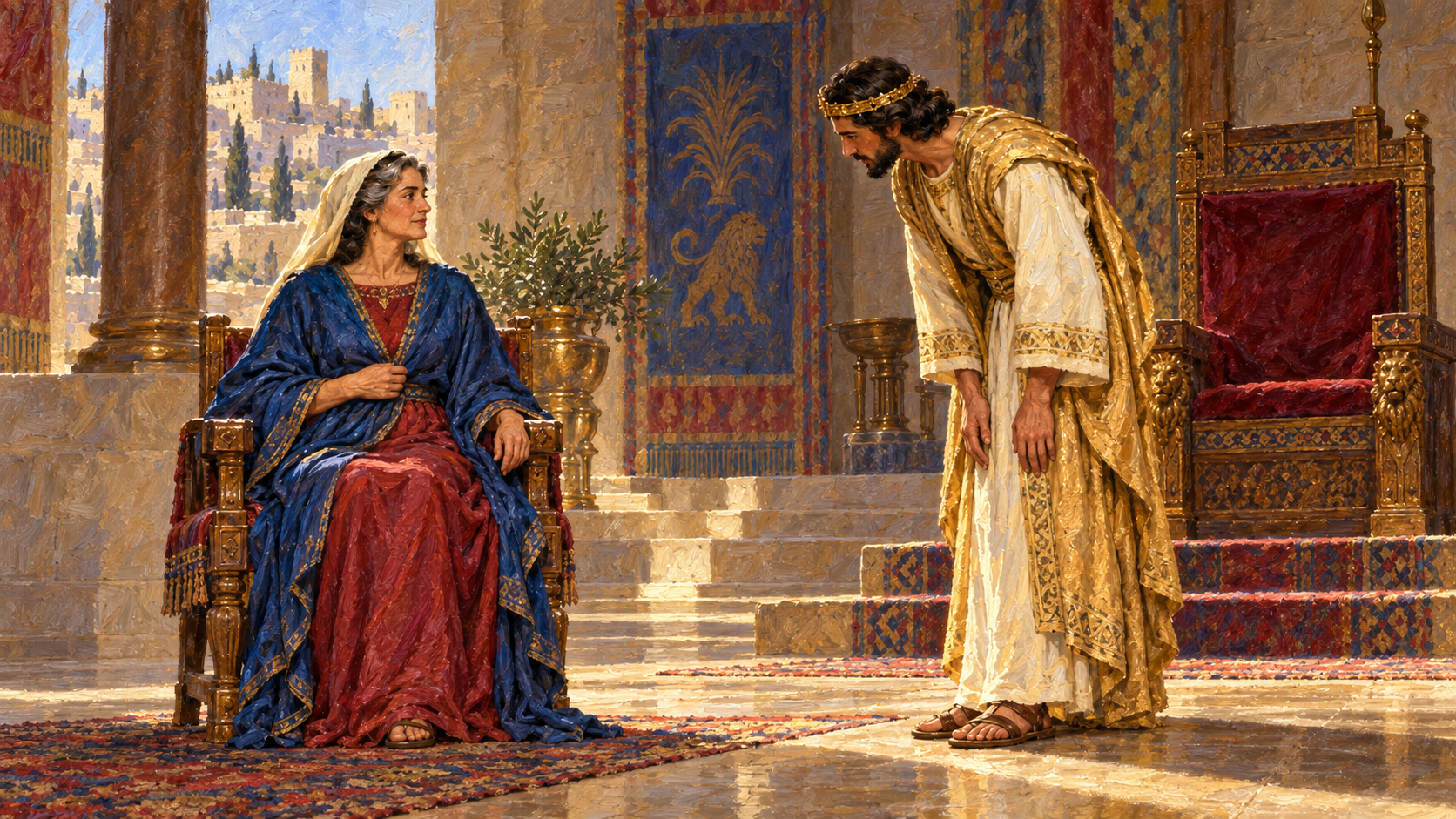 Bathsheba in the Bible: Her Story Beyond David’s Sin Classical oil painting of Solomon bowing in honor of his mother Bathsheba beside her chair at his right