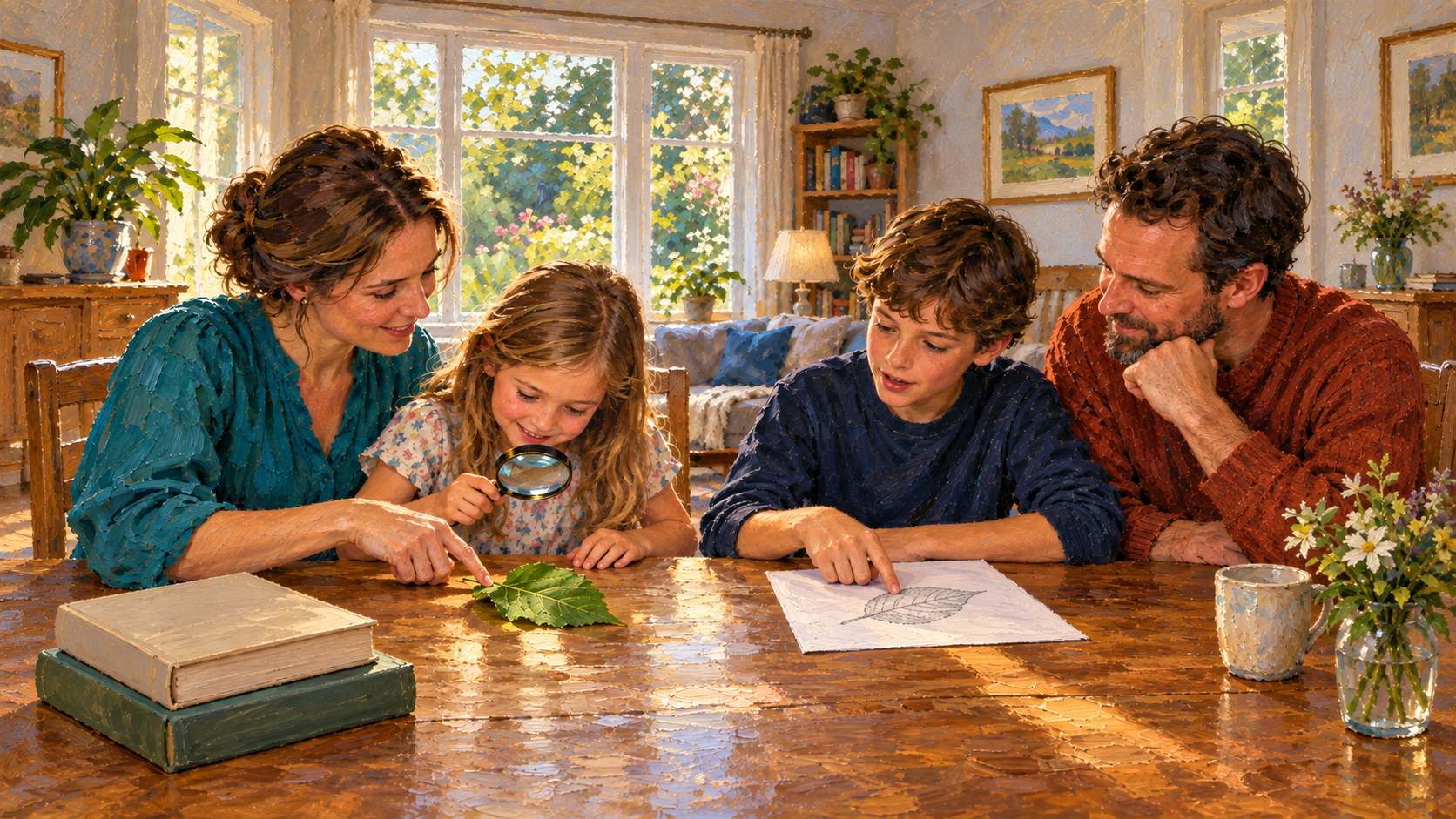 Classical oil painting of parents helping two children study a leaf and its drawing at their home learning table