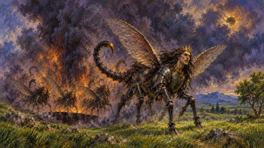 Classical oil painting of the Revelation 9 locust host emerging from abyss smoke with human-like faces, wings and scorpion tails